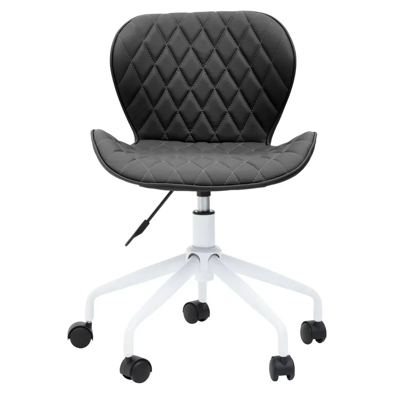 Black quilted office chair with white base and caster wheels, modern armless design