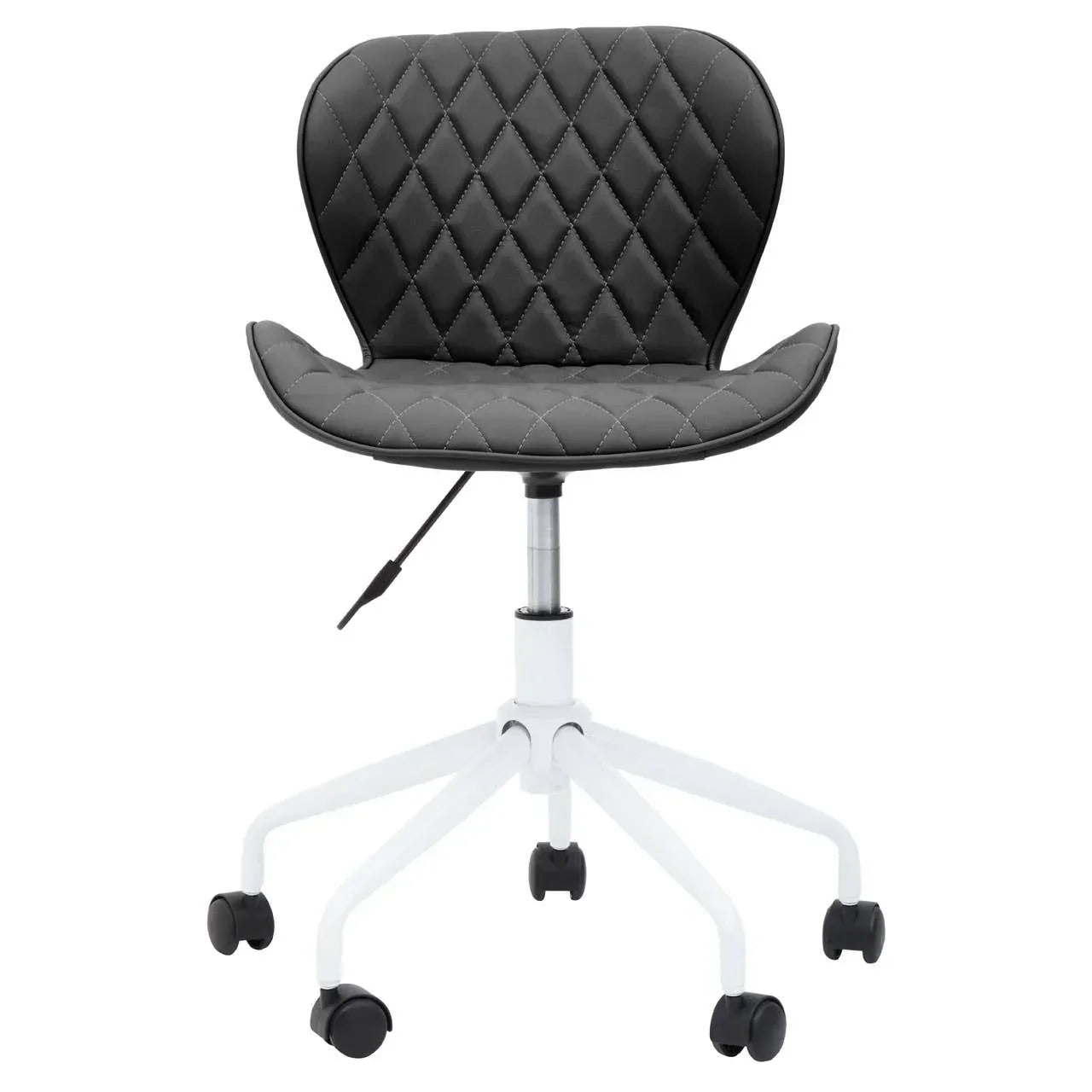 Black quilted office chair with white swivel base and caster wheels