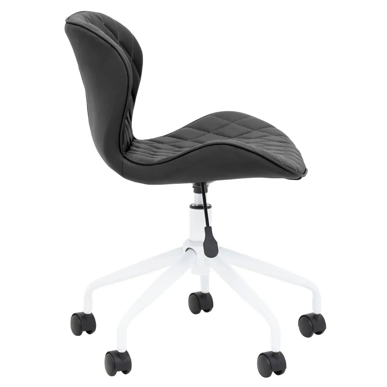 Black quilted office chair with white swivel base and caster wheels, side angle view