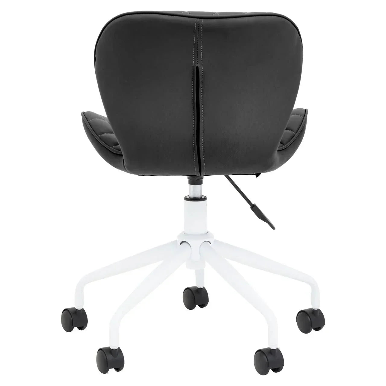 Black office chair with cushioned backrest and white wheeled base, rear view