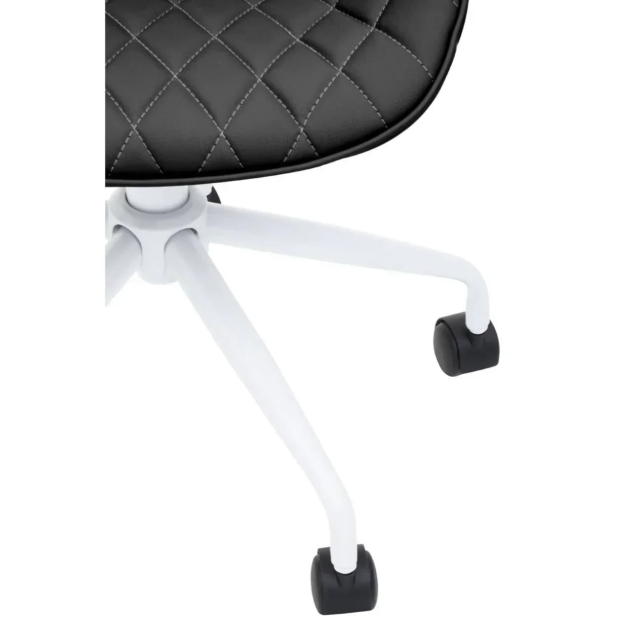 Black quilted office chair seat with white legs and castor wheels, close-up view