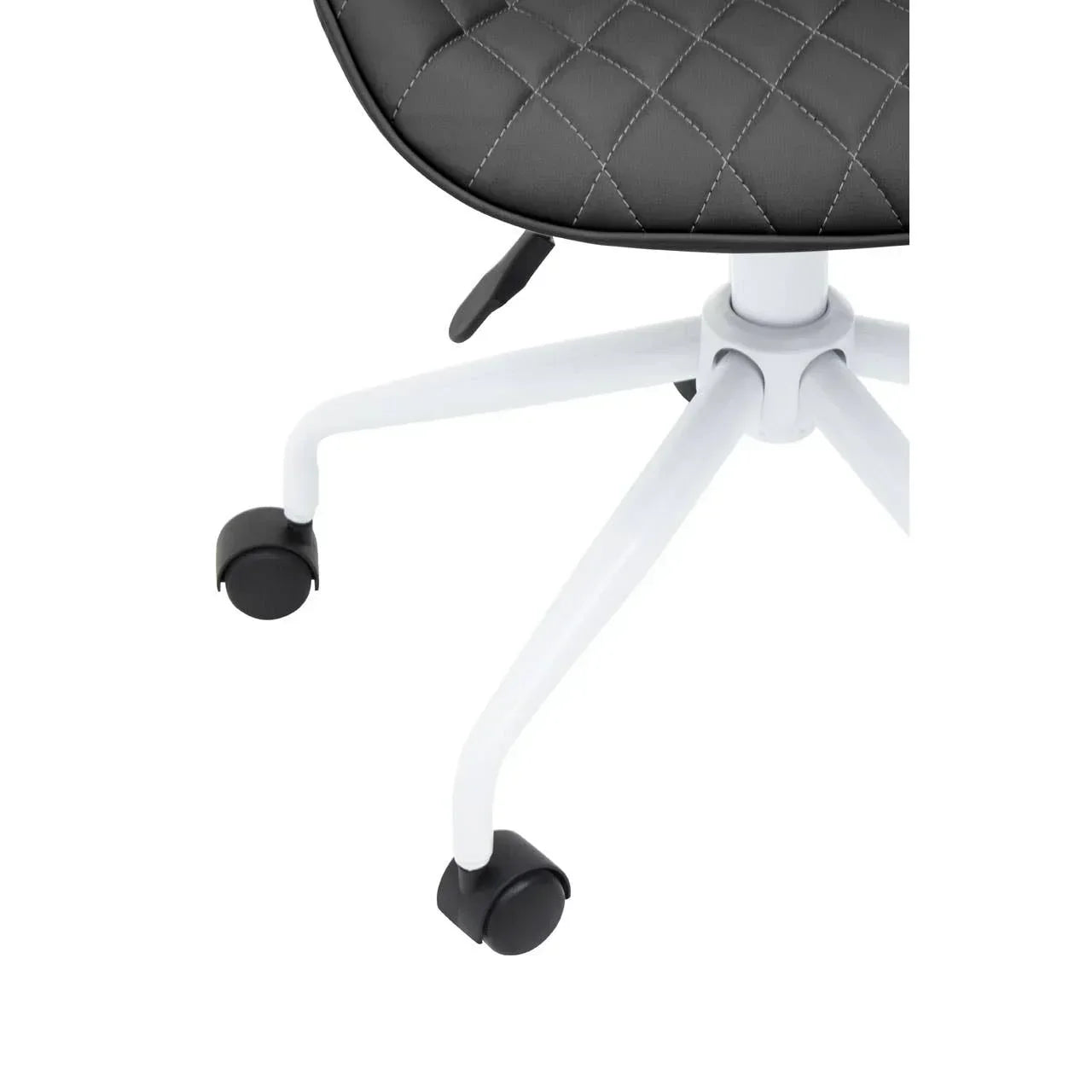 Black office chair seat with diamond stitching and white metal base on castor wheels
