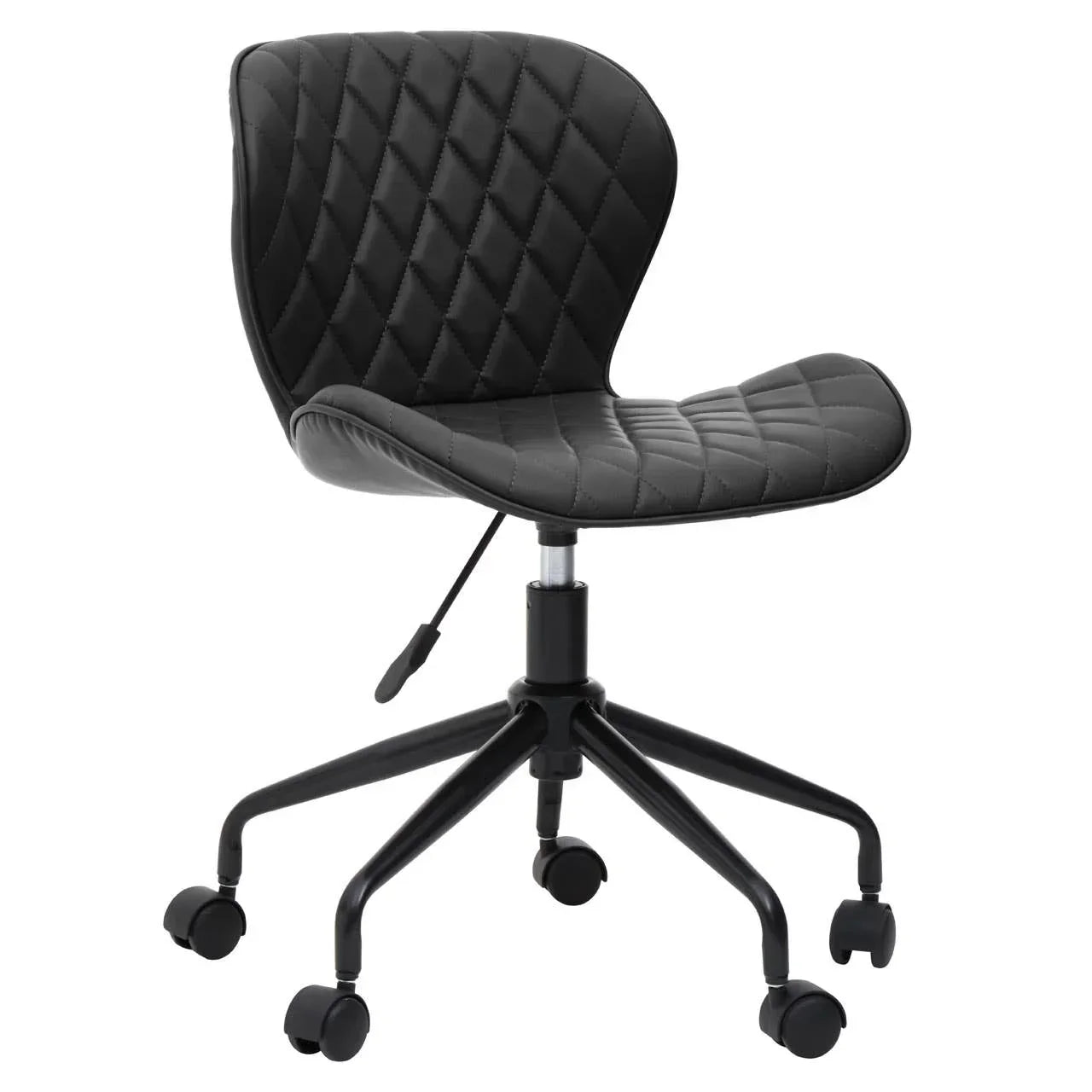 Black quilted office chair with wheels and adjustable height lever, side view