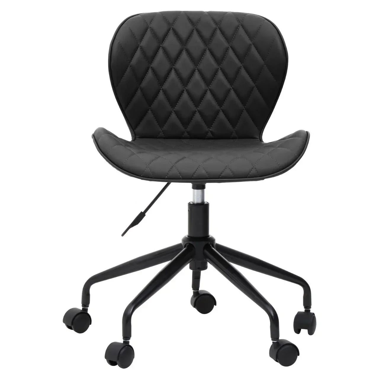 Black office chair with diamond-stitched seat, adjustable height and caster wheels