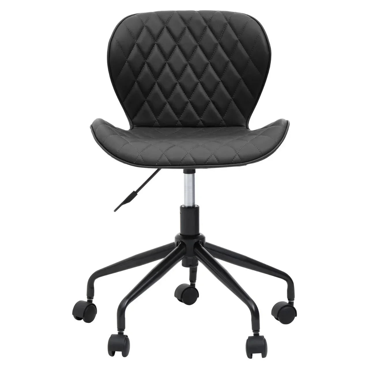 Black quilted office chair with adjustable height and swivel wheels, front view