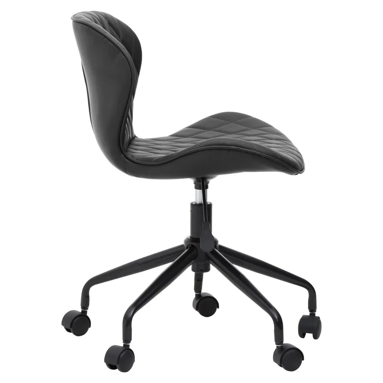 Black swivel office chair with quilted seat, curved backrest and five caster wheels
