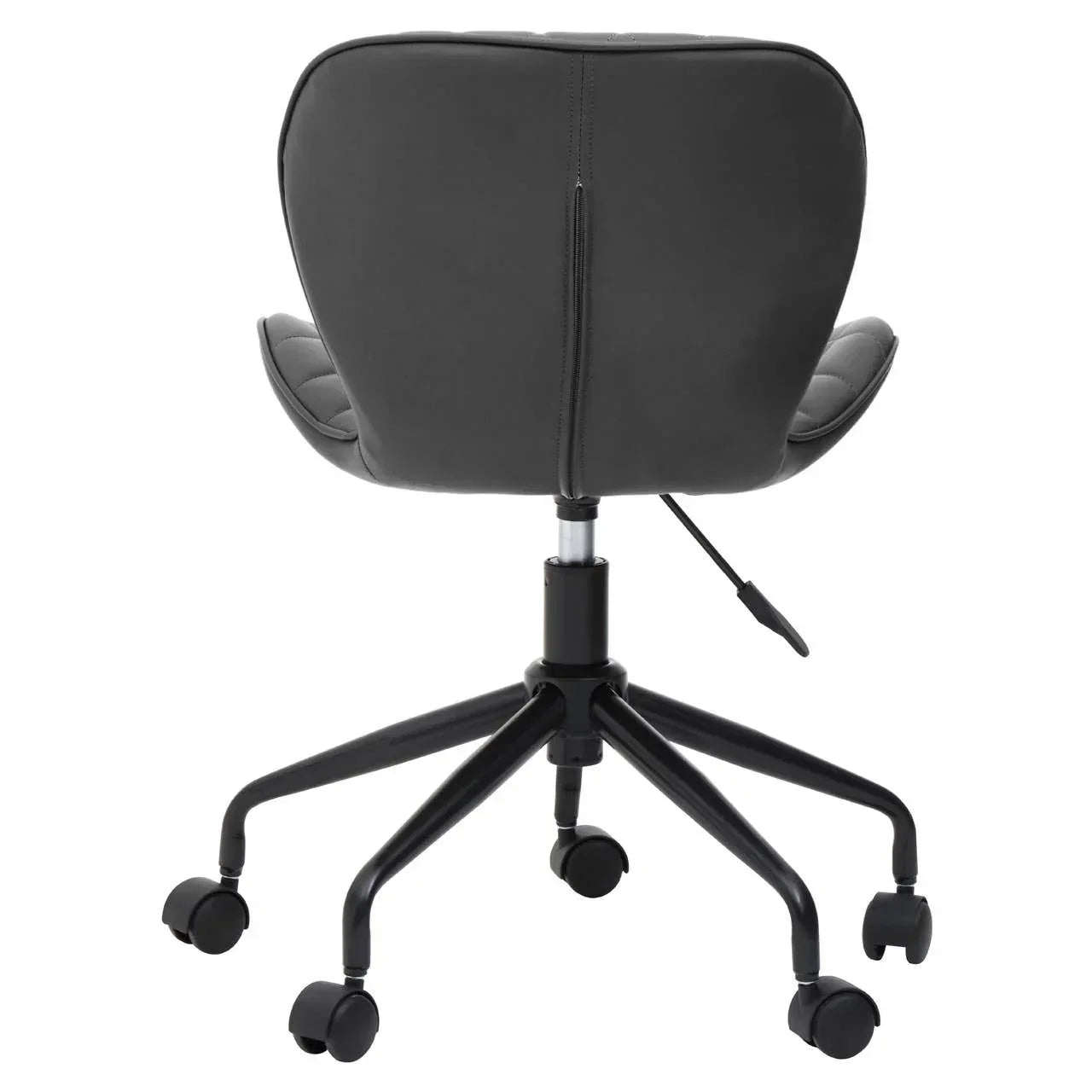 Black office chair with padded back, armrests, and wheeled base shown from the rear
