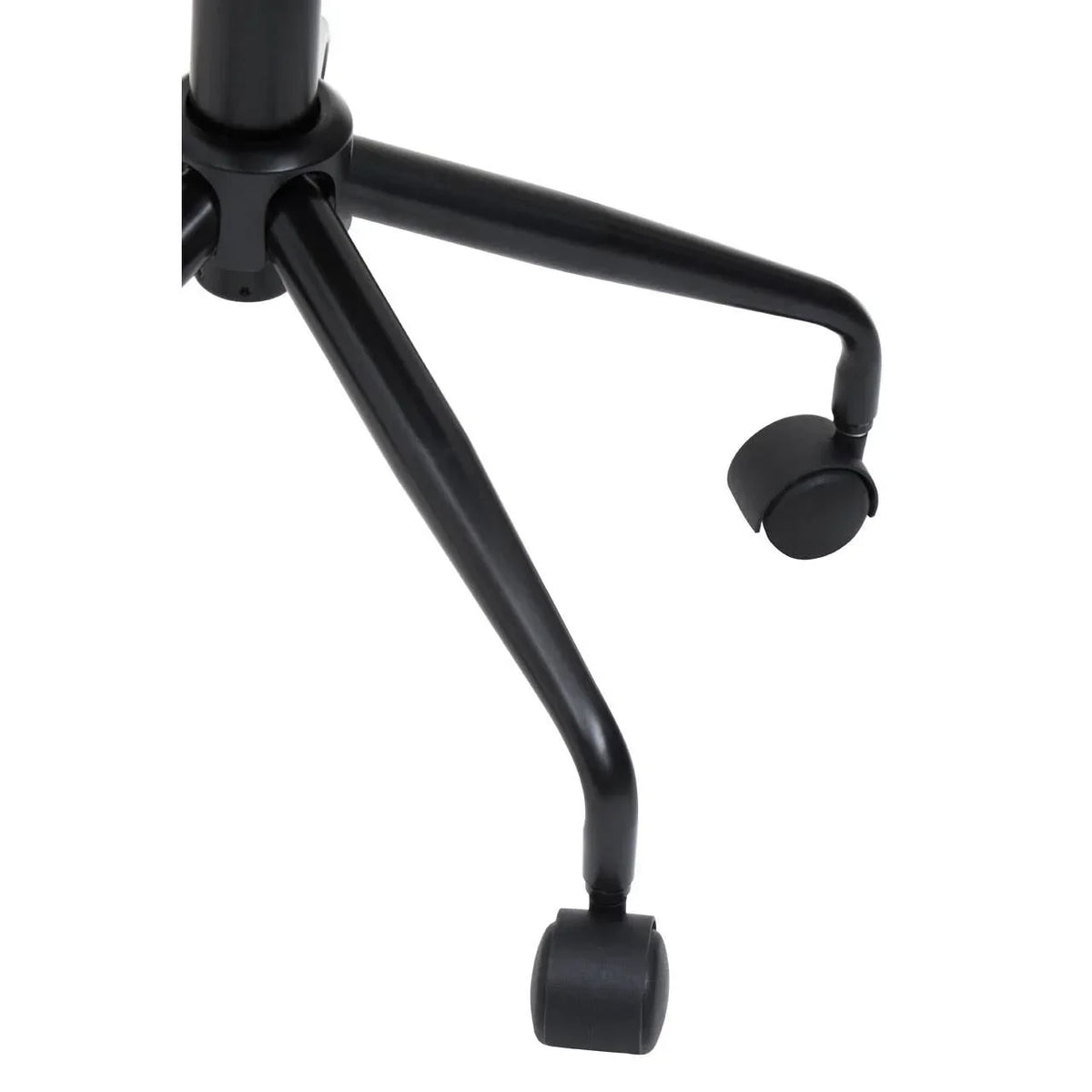 Black office chair metal base with twin-wheel castors, close-up view