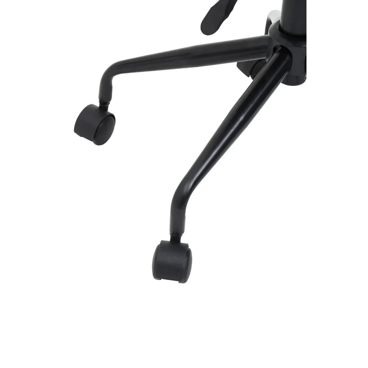 Black office chair base with caster wheels on white background