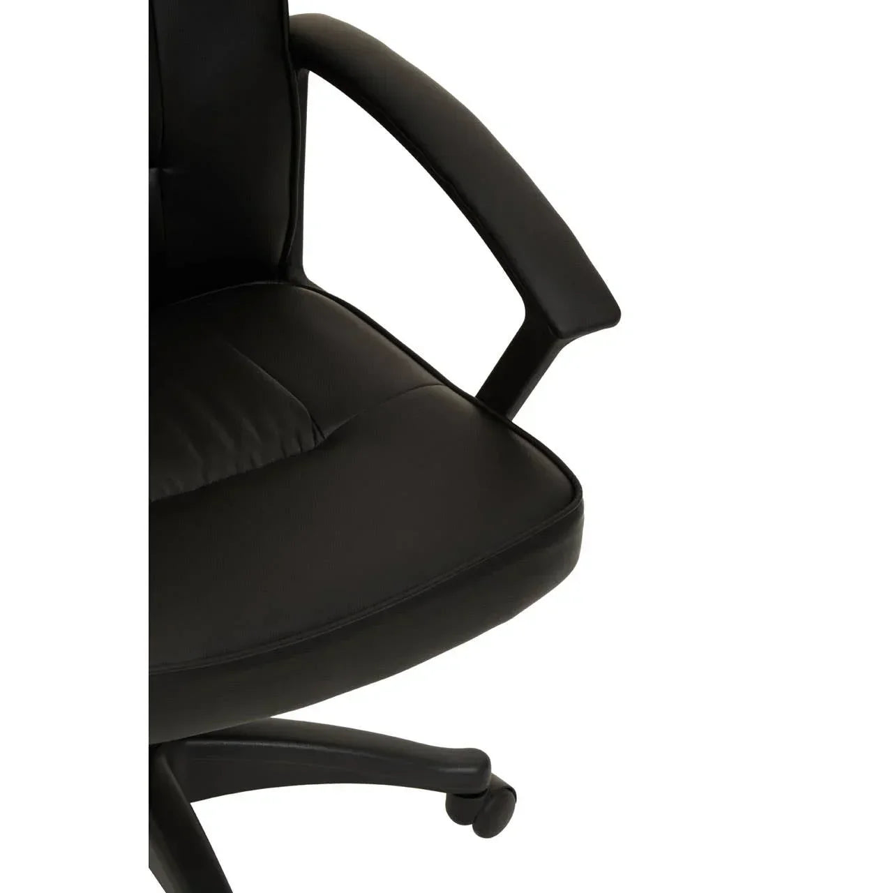 Black leather office chair closeup showing padded seat, armrest, and wheel base
