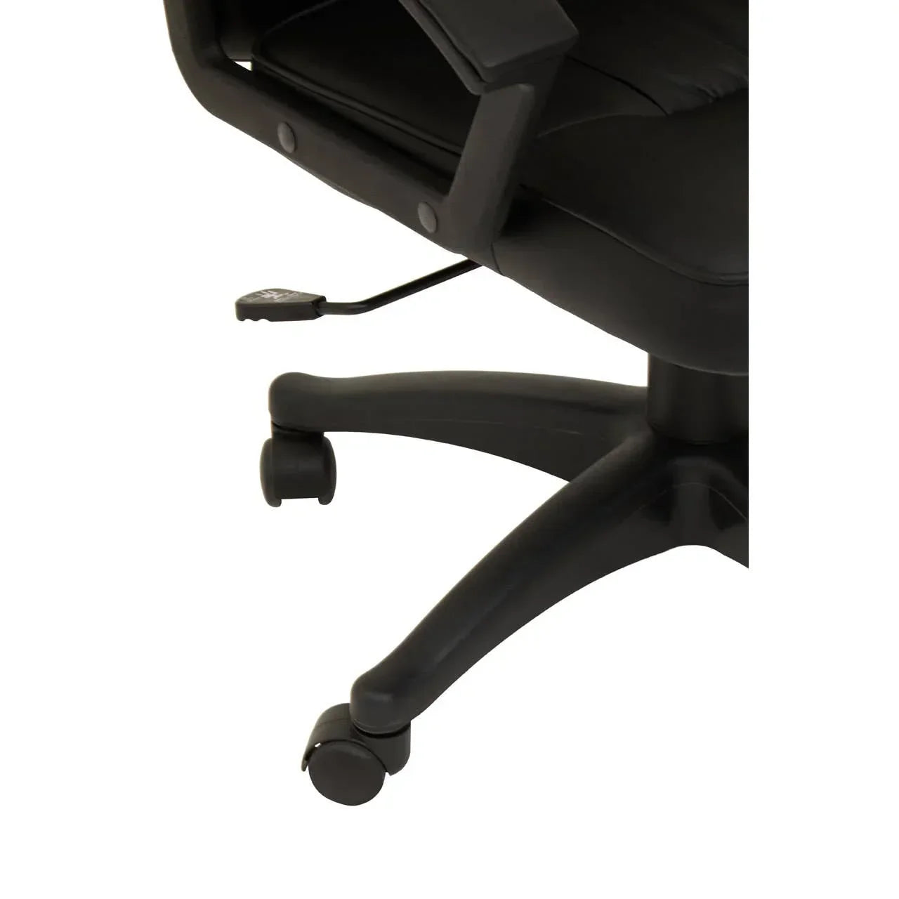 Black office chair base with wheels, armrest, and adjustable height lever detail