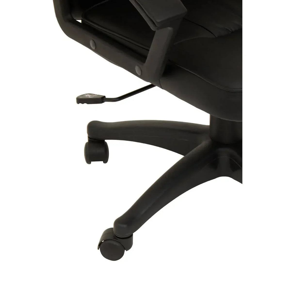Black office chair base with wheels, armrest, and adjustable height lever detail