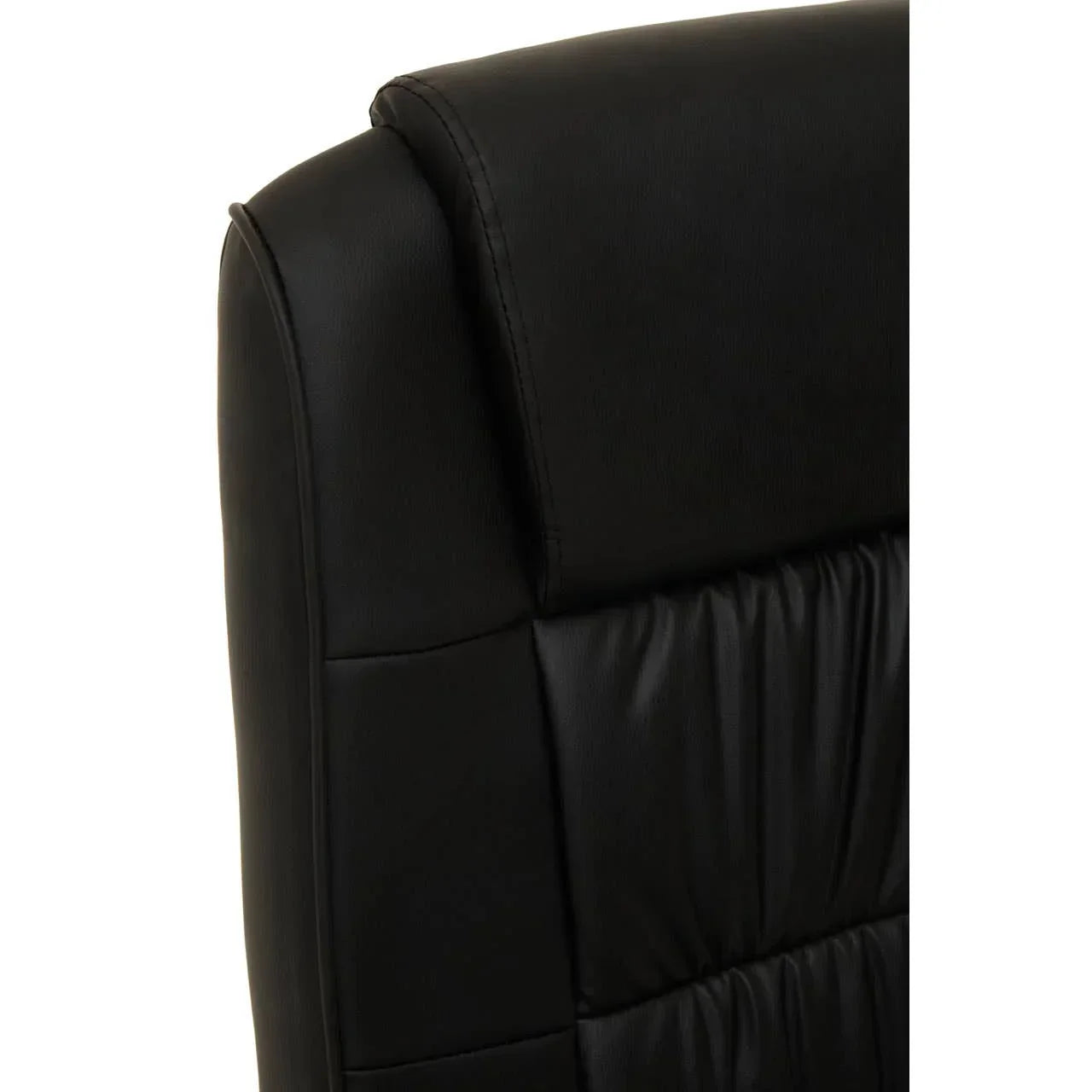 Closeup of black leather chair backrest with padded stitching detail