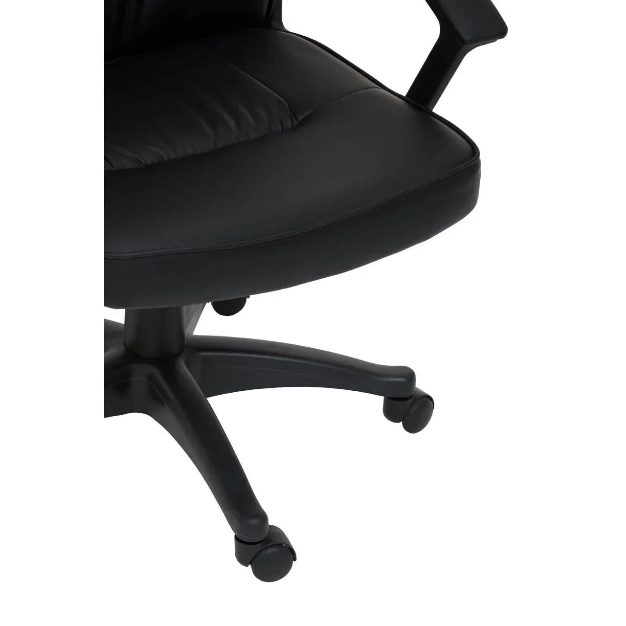 Black office chair seat with armrest and five-wheel base, close up view