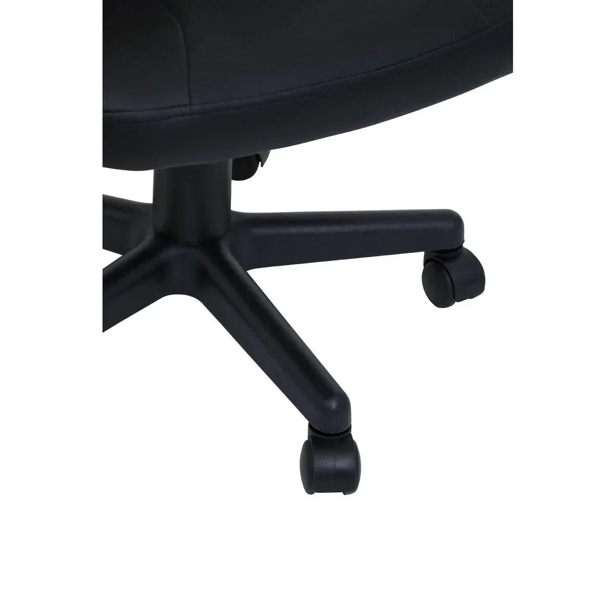Black office chair base with caster wheels and metal legs close-up