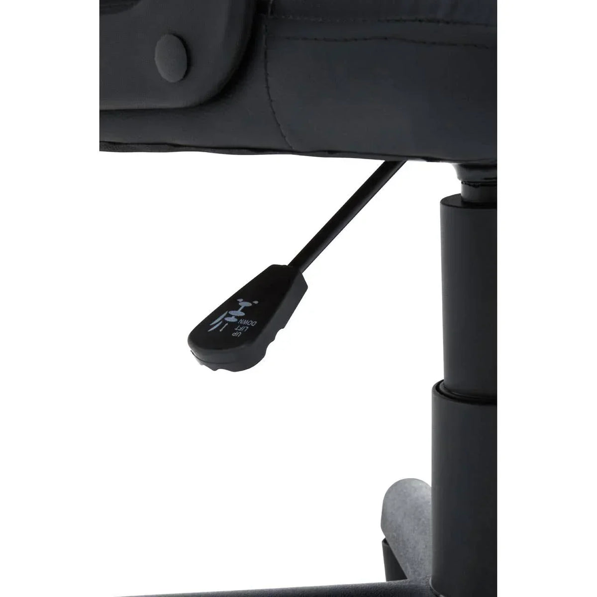 Office chair height adjustment lever and black metal base closeup