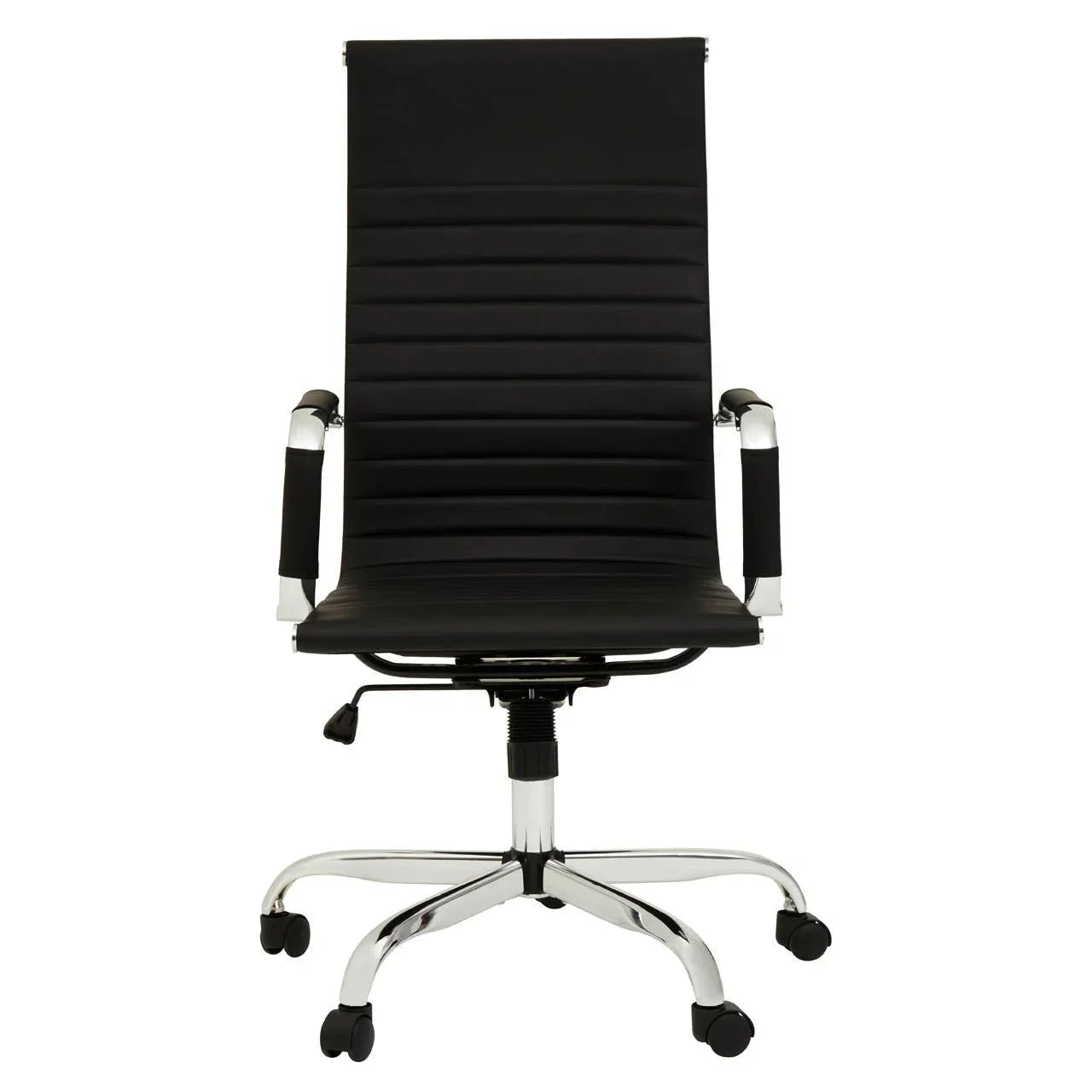 Black office chair with high back, chrome frame and swivel base on castor wheels