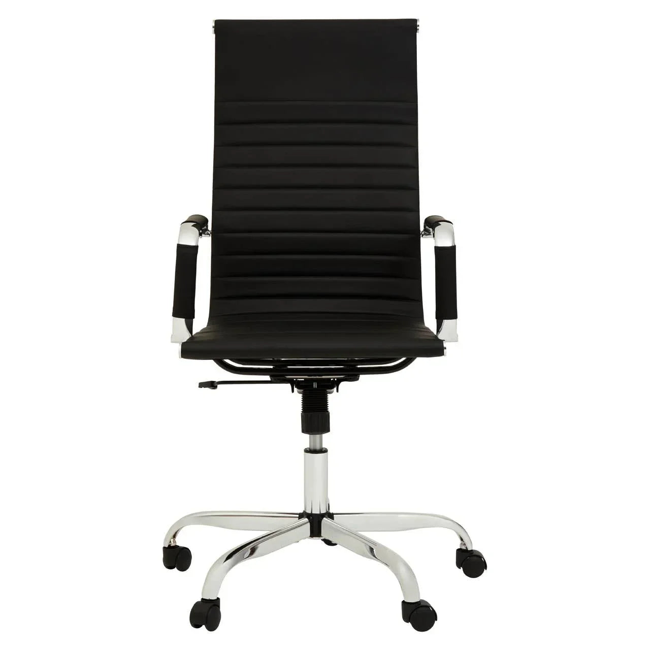 Black office chair with chrome armrests and base, high back design, front view
