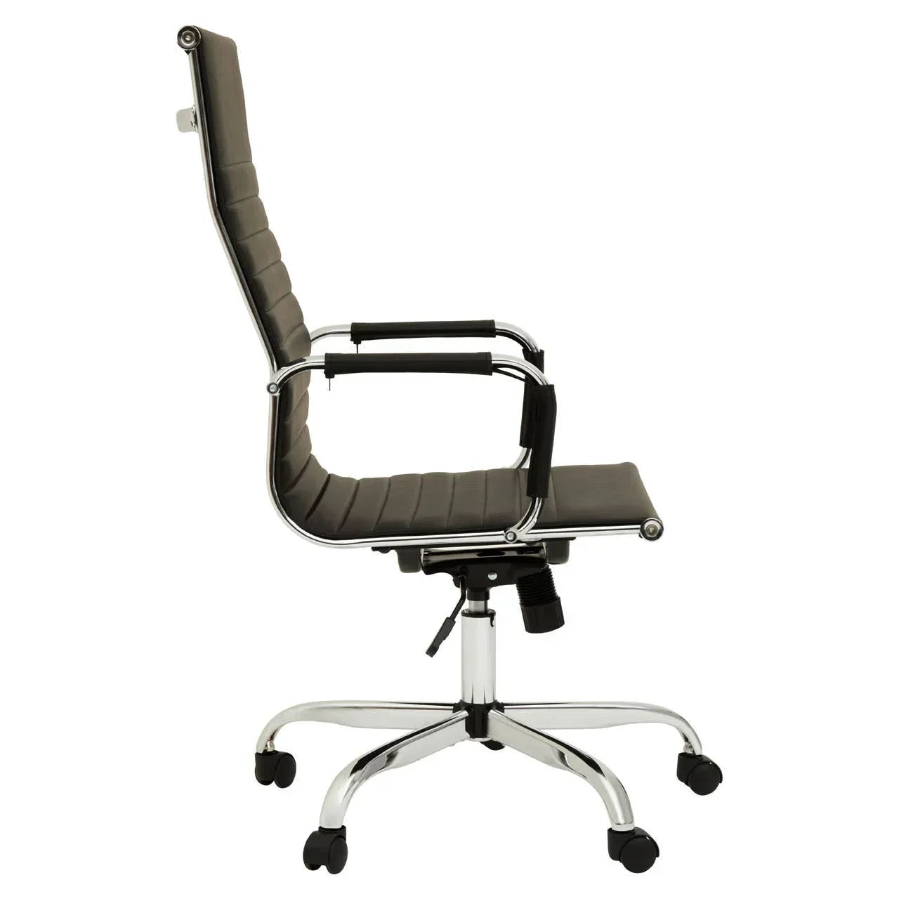 Black leather office chair with chrome frame and armrests, side profile on castor wheels
