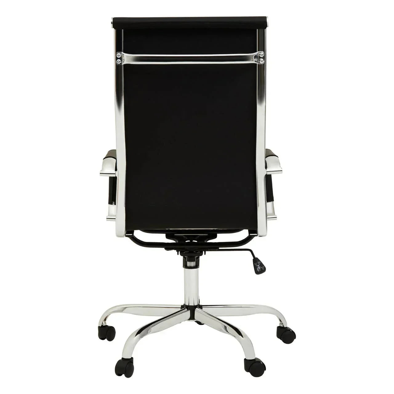 Black mesh office chair with chrome frame and base, rear view showing adjustable height lever