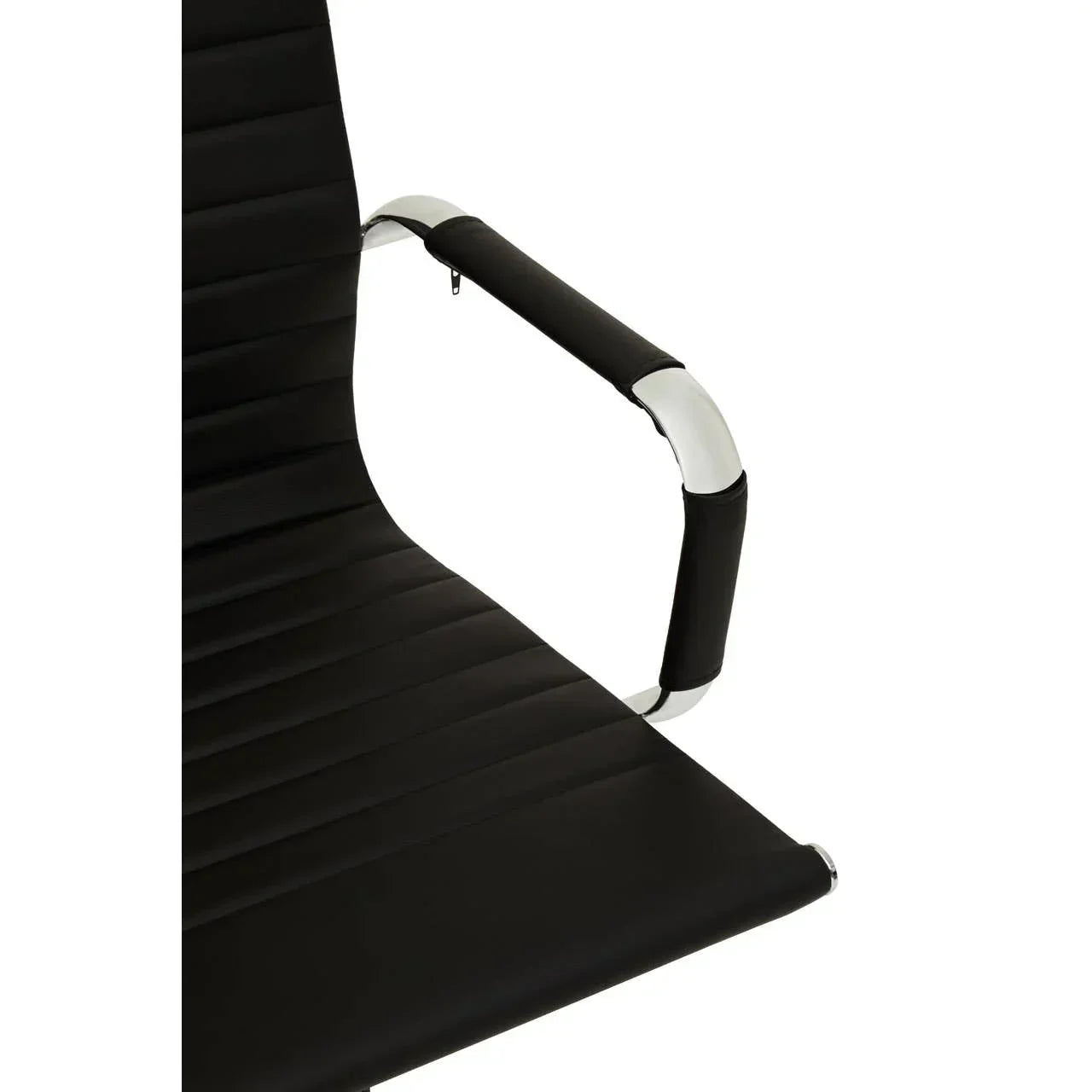 Black leather office chair seat with chrome armrest detail
