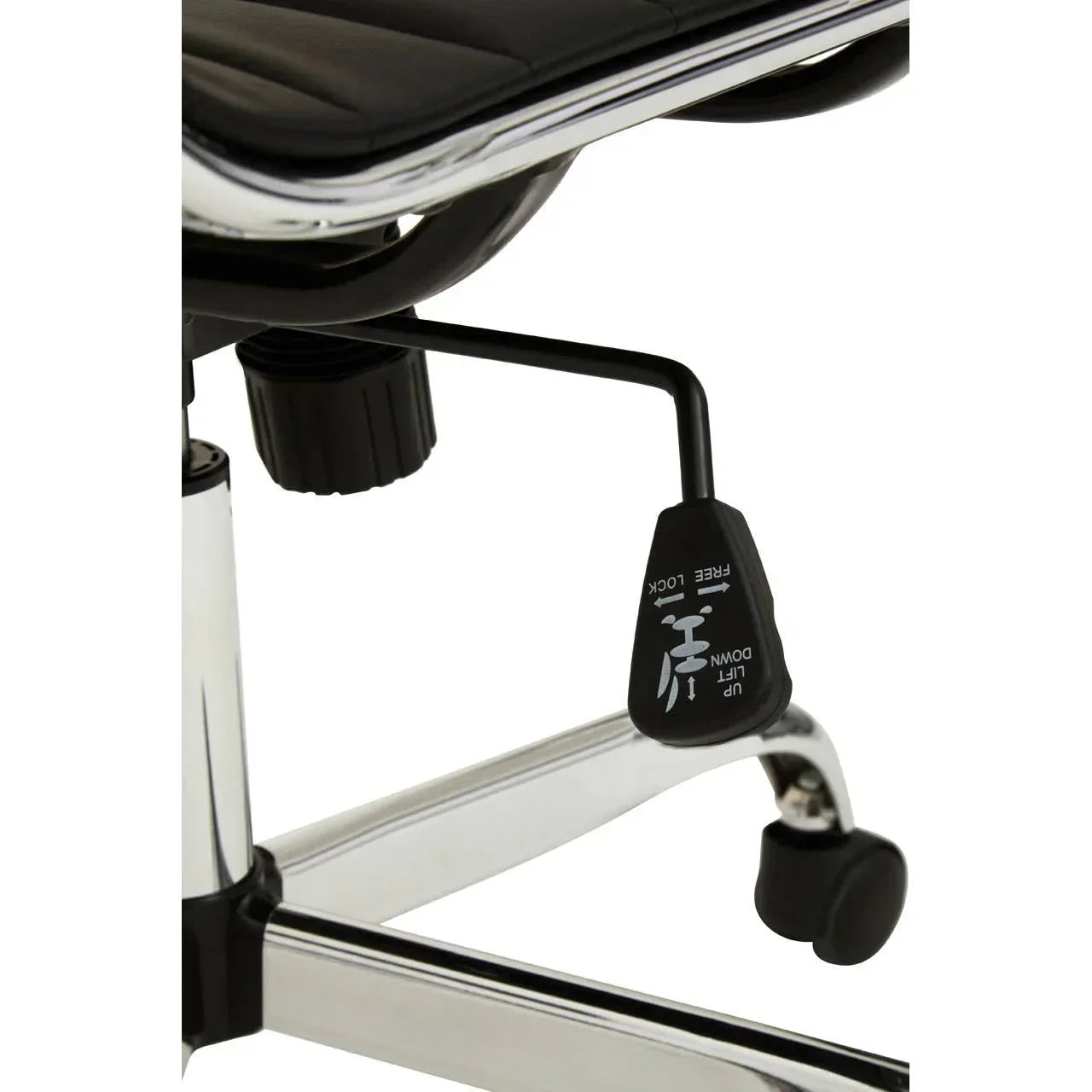 Adjustable office chair lever and chrome base with black caster wheel