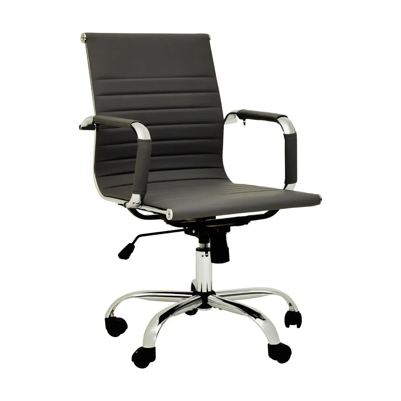 Grey office chair with chrome legs and armrests, swivel base and caster wheels