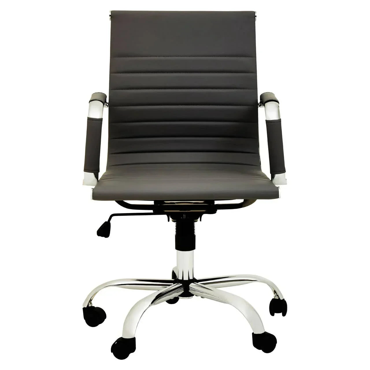 Black leather office chair with chrome base and padded armrests, front view