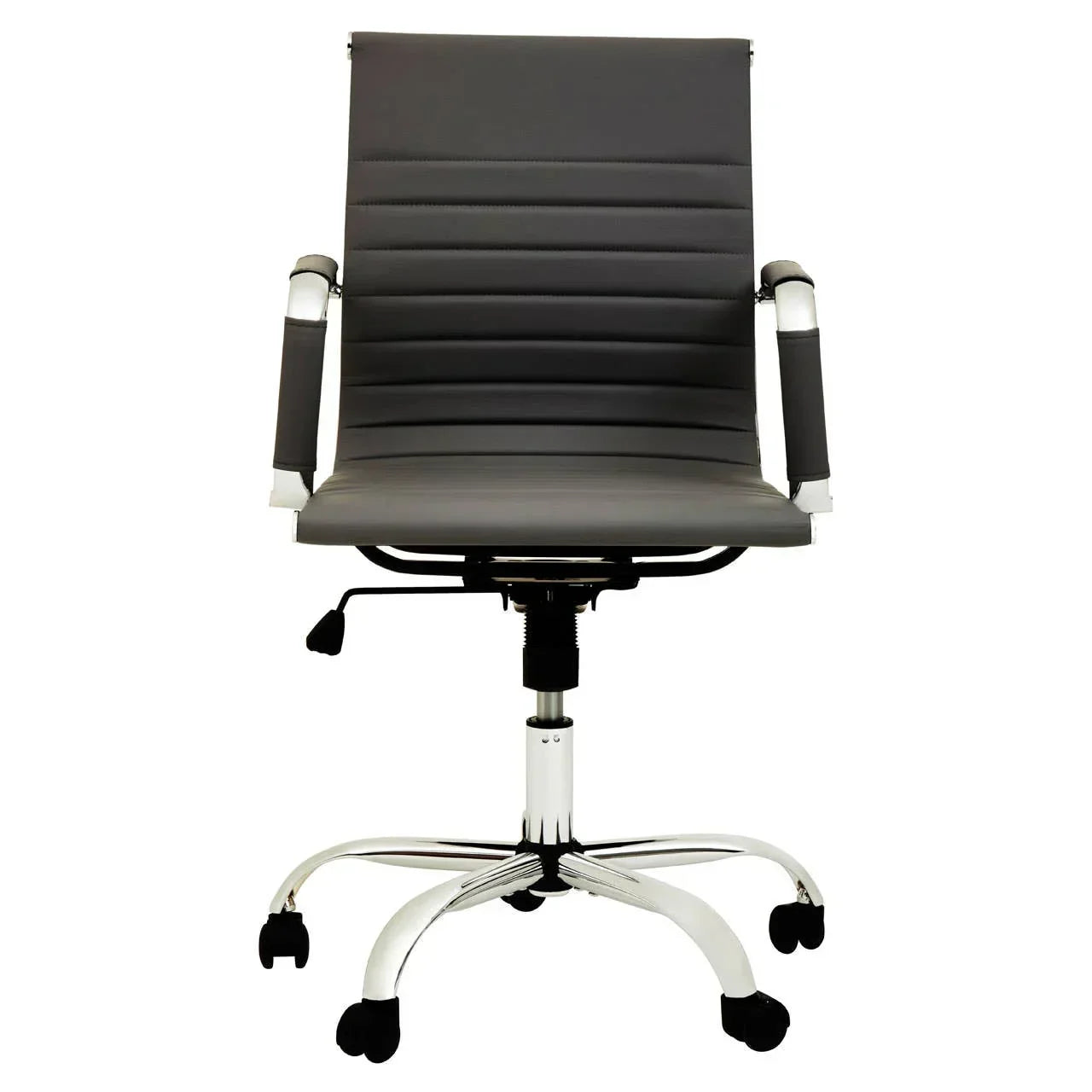 Black leather office chair with armrests and chrome base on castor wheels, front view