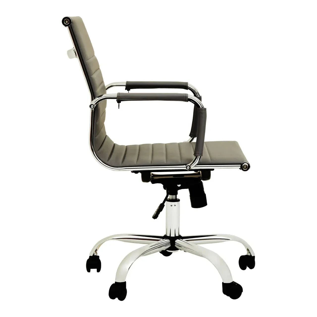 Grey office chair with chrome frame, padded seat and armrests, side profile view