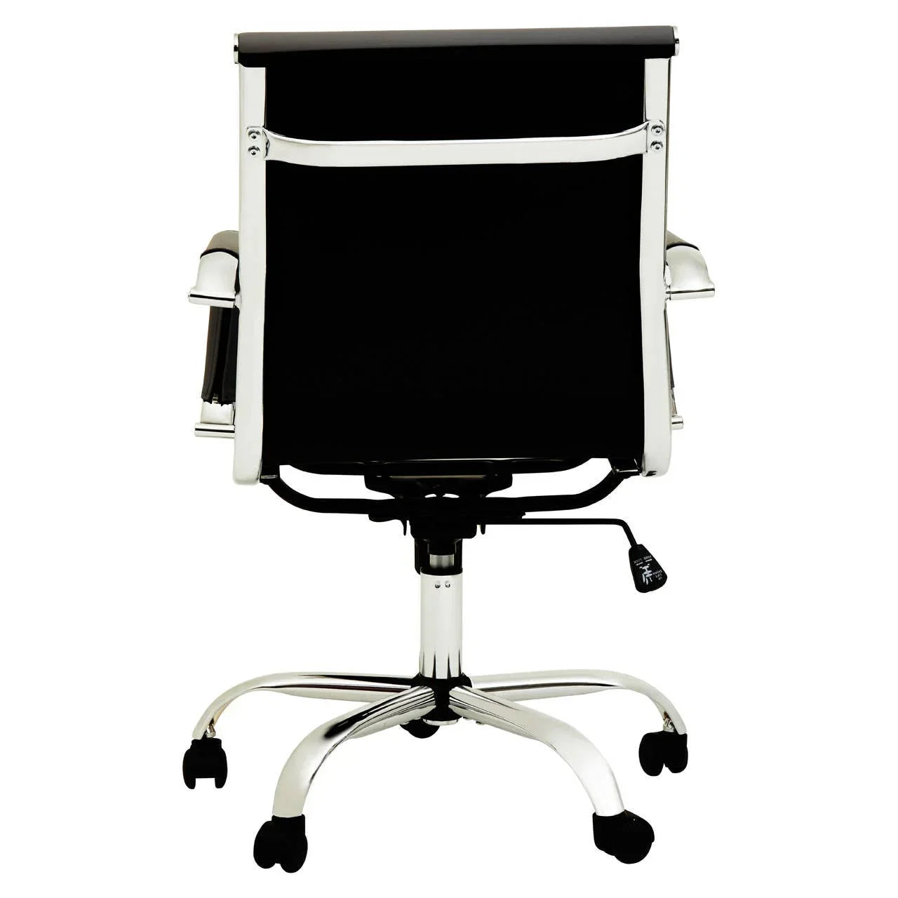 Black office chair rear view with chrome frame and adjustable seat on caster wheels