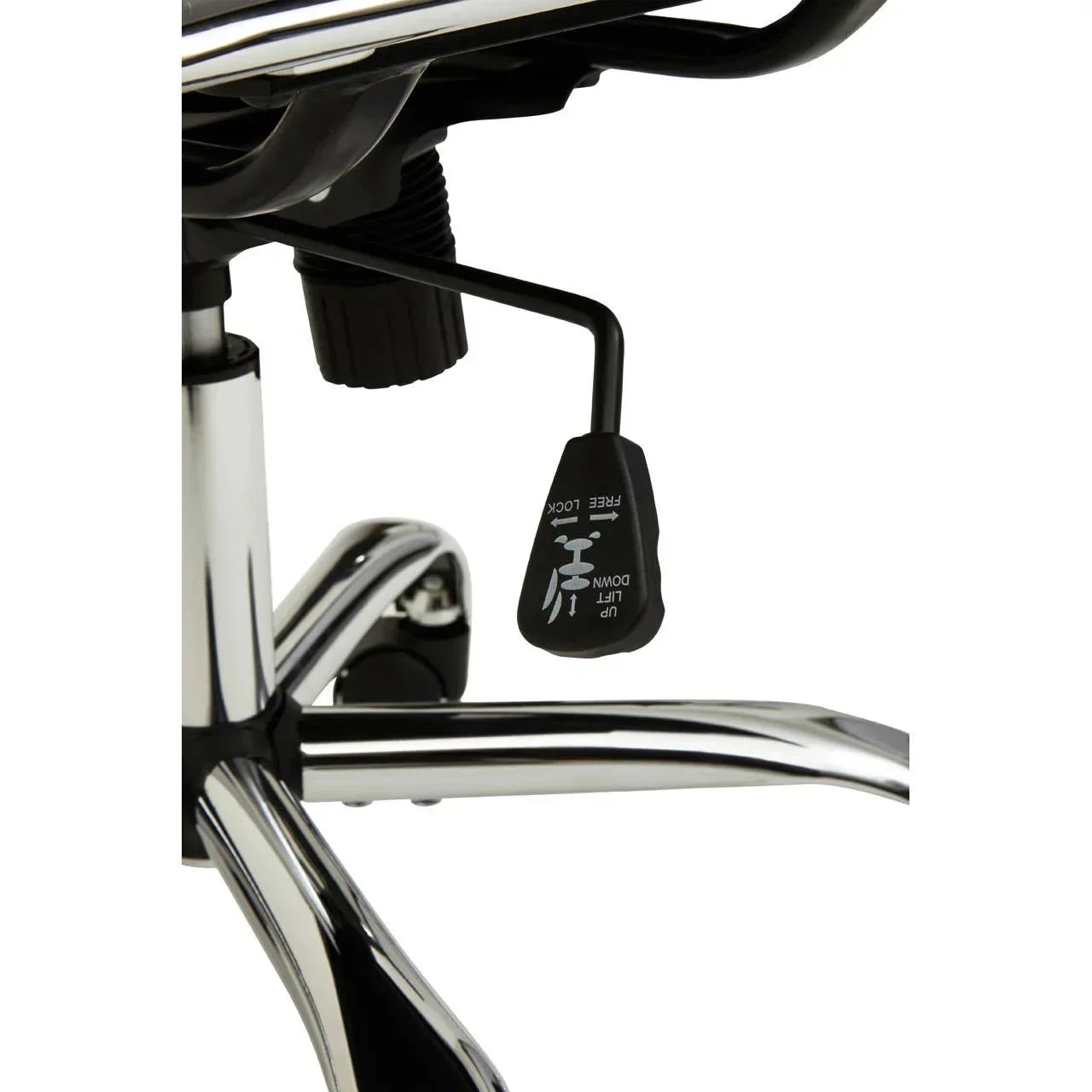 Chrome office chair base with adjustable height lever and tilt control mechanism visible