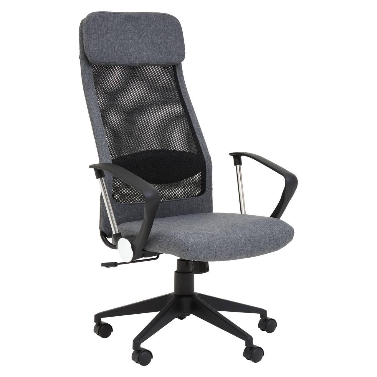Grey mesh office chair with adjustable armrests and cushioned seat on five caster wheels