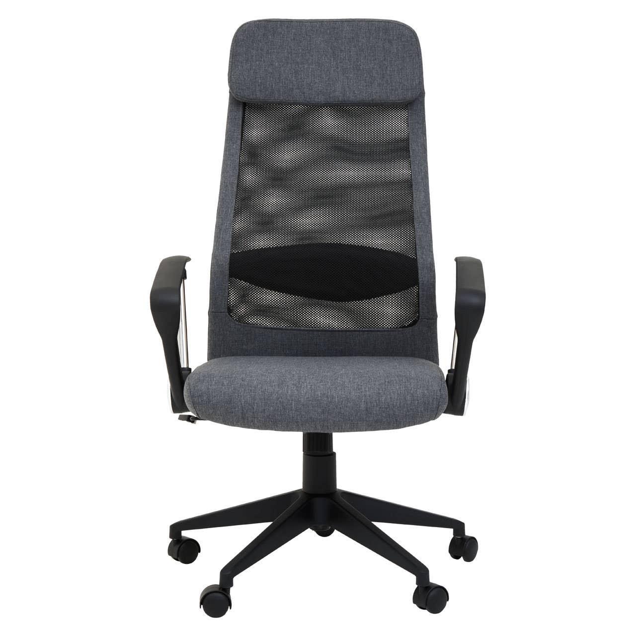 Grey mesh back office chair with padded seat and black adjustable armrests, front view