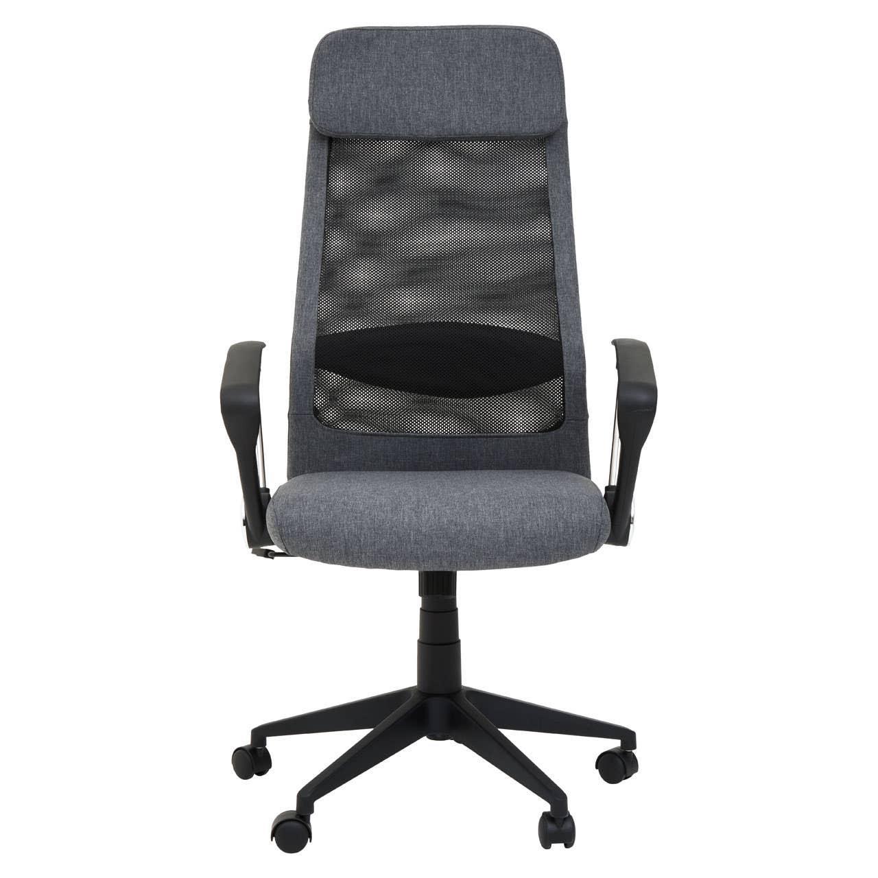 Grey mesh back office chair with padded seat, black armrests and caster wheels, front view