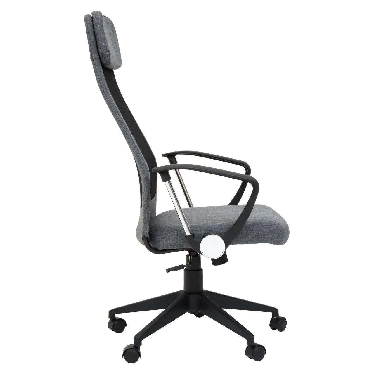 Grey fabric office chair with headrest, armrests and five-wheel black base, side view