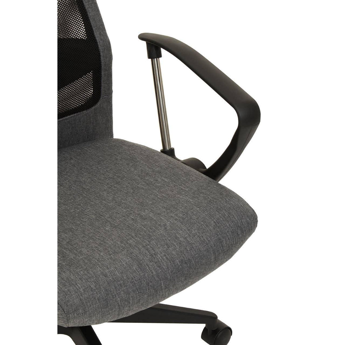 Grey fabric office chair seat with black mesh back and adjustable armrest