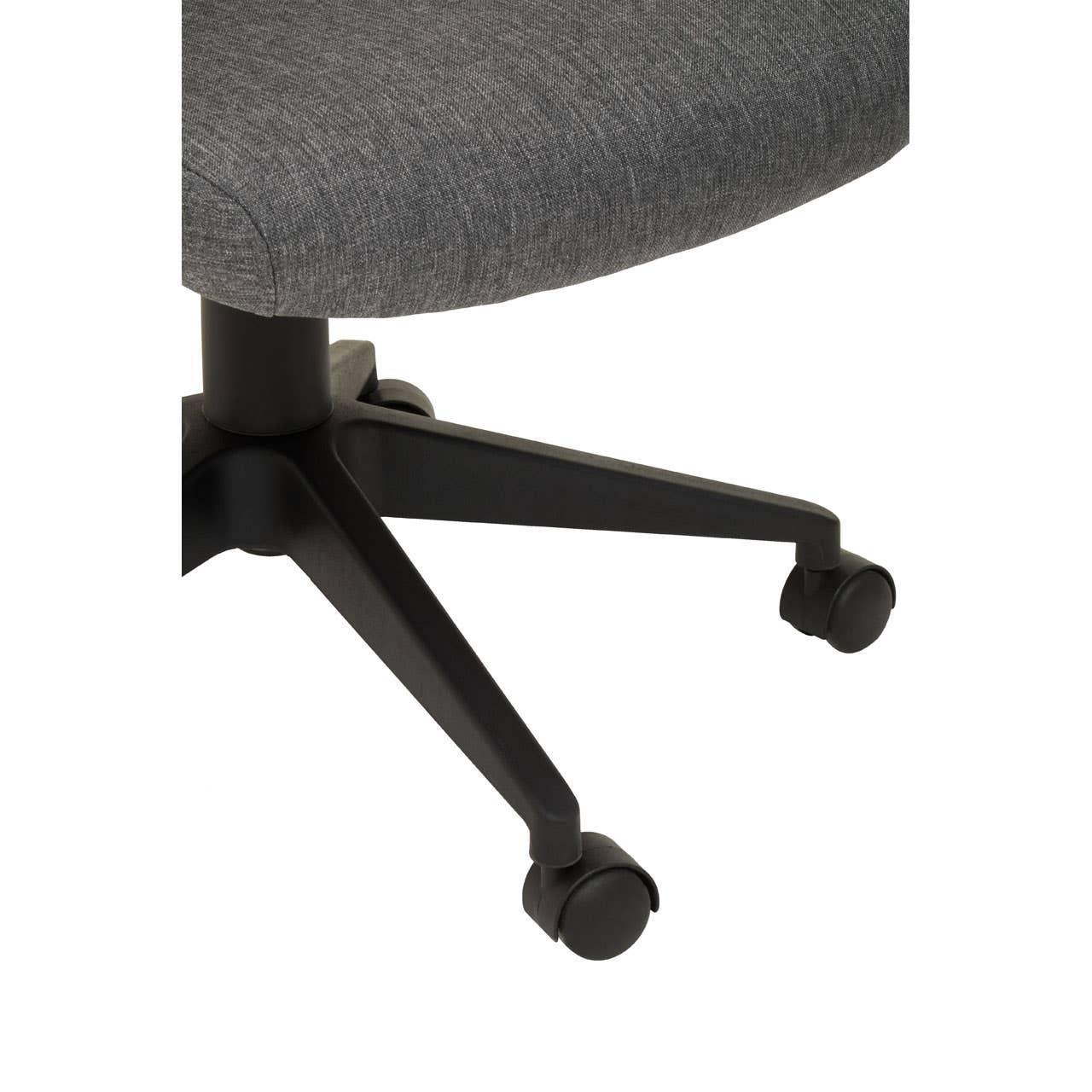 Grey fabric office chair with black swivel base and caster wheels