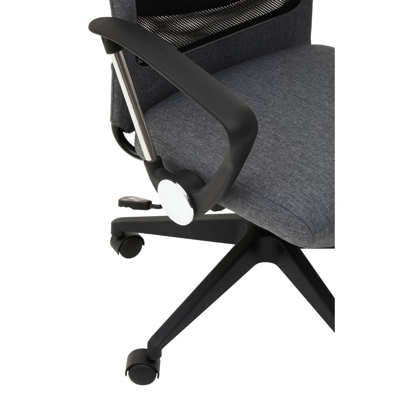 Grey fabric office chair with mesh back, swivel base, and black armrests close view