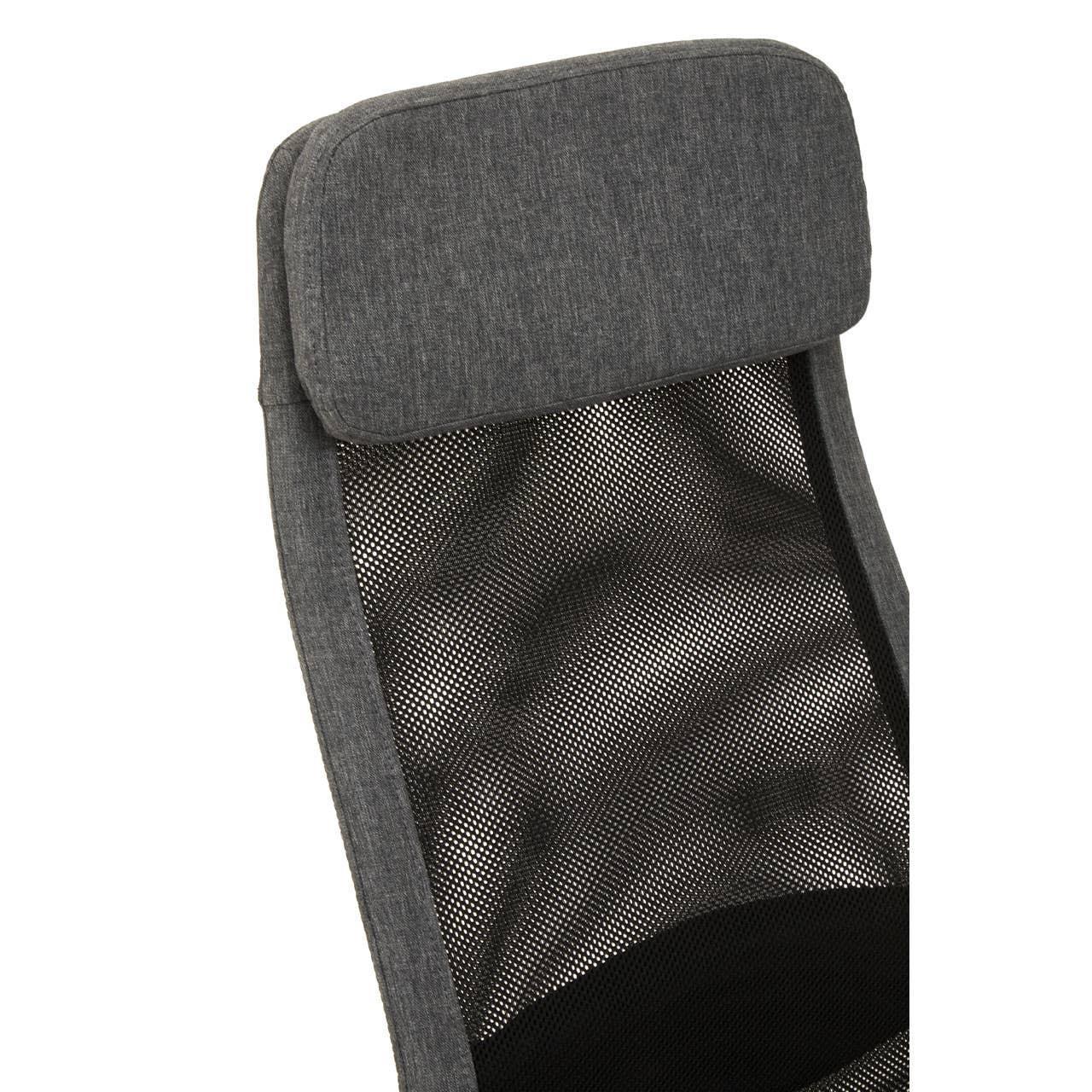 Grey mesh office chair backrest with cushioned fabric headrest detail
