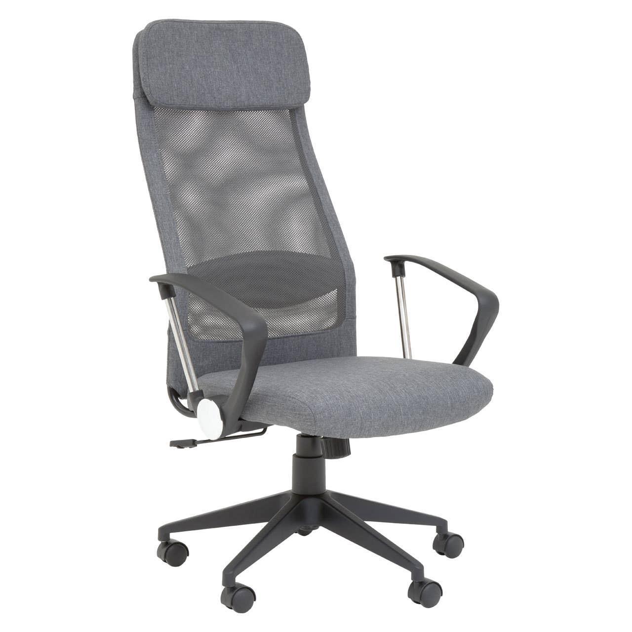 Grey mesh ergonomic office chair with adjustable armrests and high back support