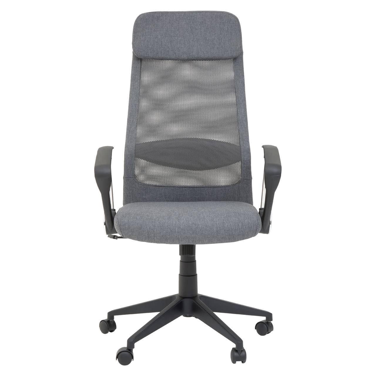 Grey mesh back office chair with armrests and swivel base on casters