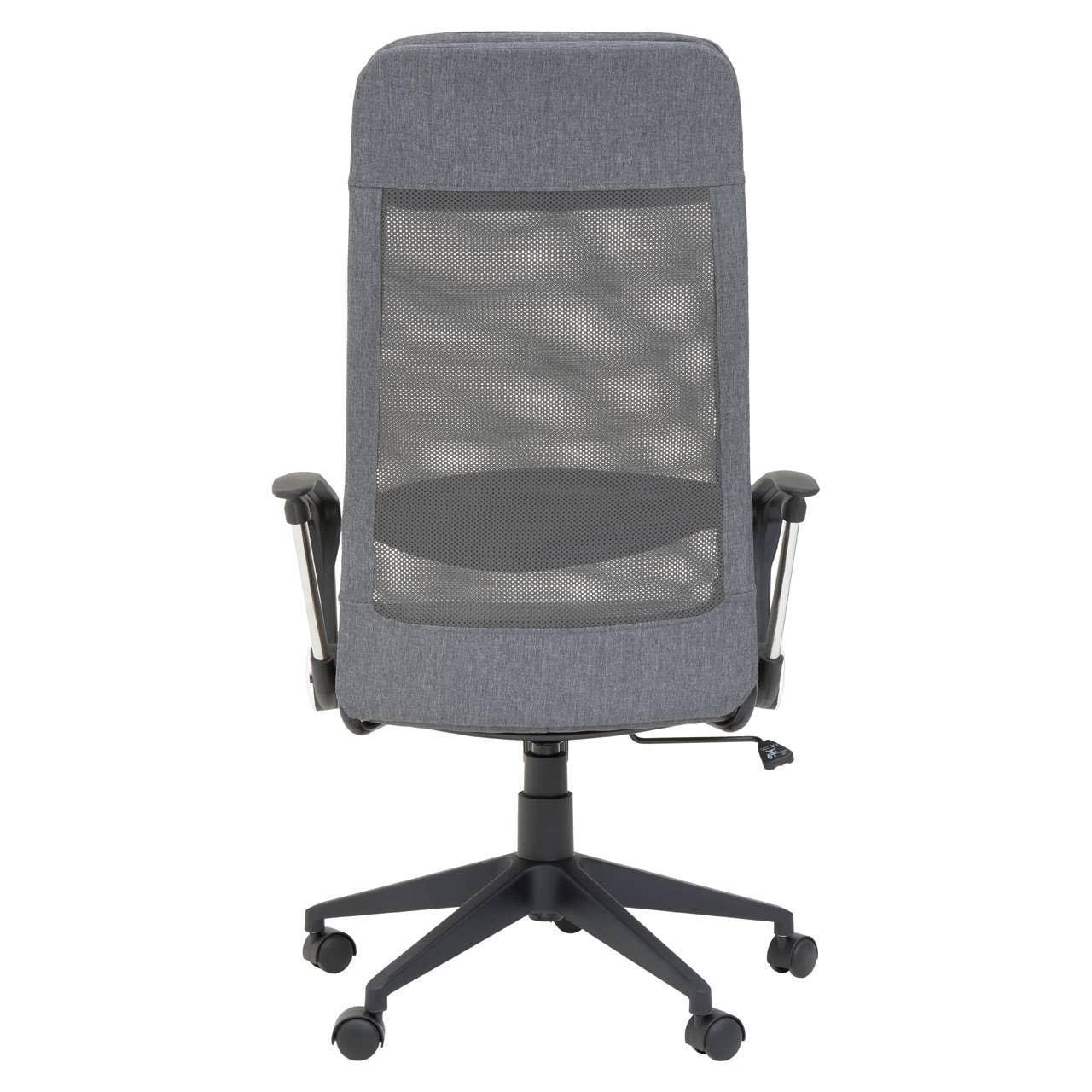 Grey mesh office chair with adjustable arms and black wheeled base, back view