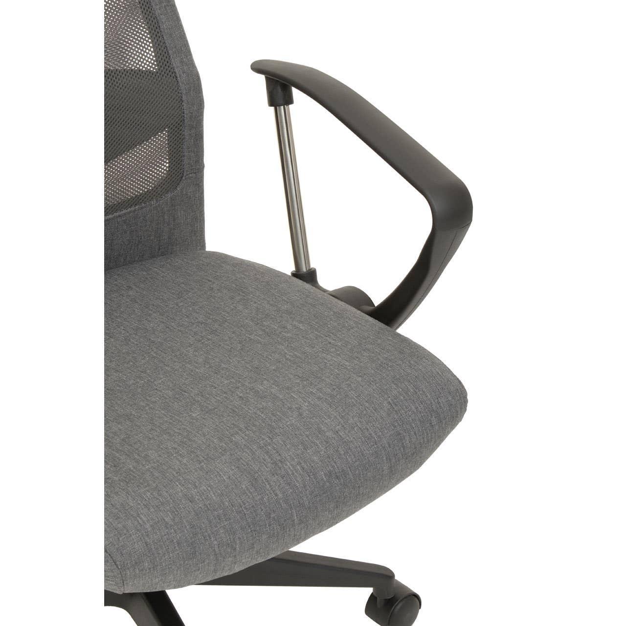 Grey office chair with mesh back, padded seat, and black adjustable armrest