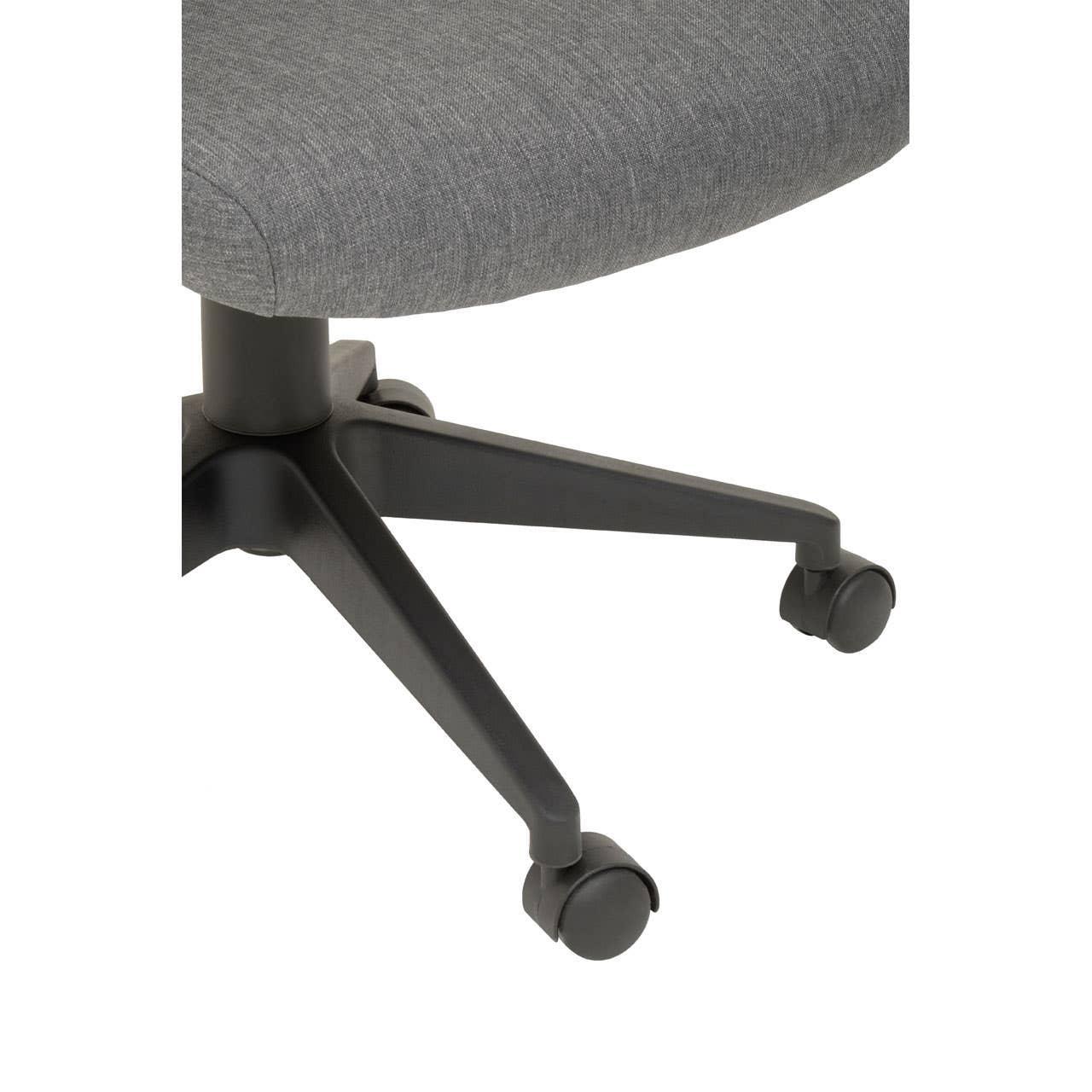 Grey fabric office chair seat with black swivel base and caster wheels