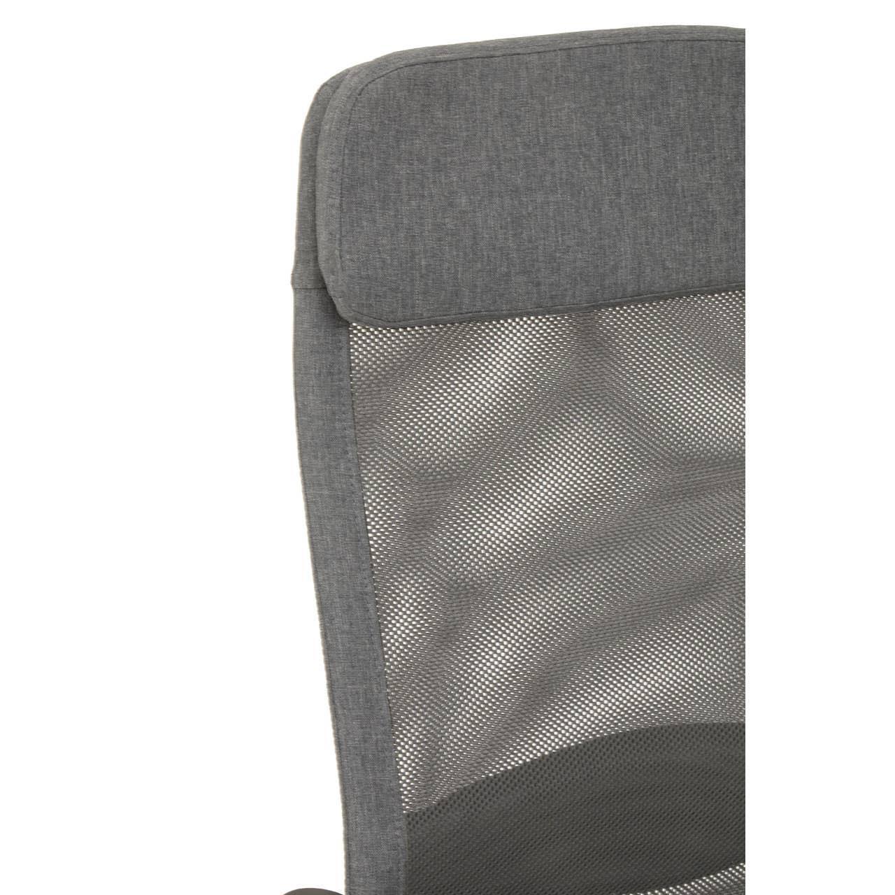 Grey mesh office chair backrest with cushioned headrest close-up