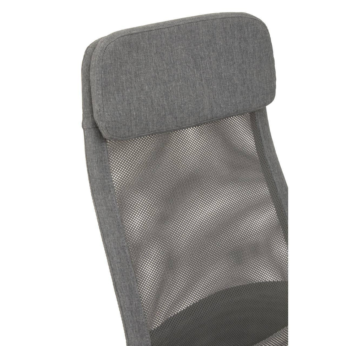 Grey mesh office chair backrest with cushioned headrest, close-up view