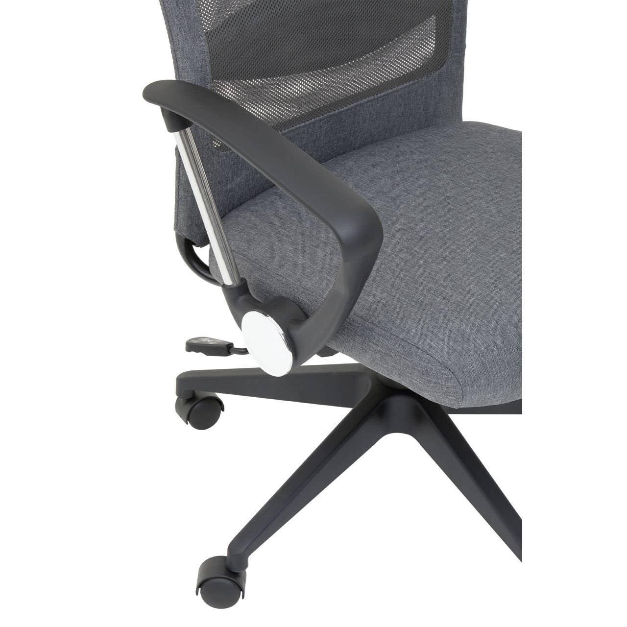 Grey fabric office chair with mesh backrest, ergonomic armrest, and black wheeled base