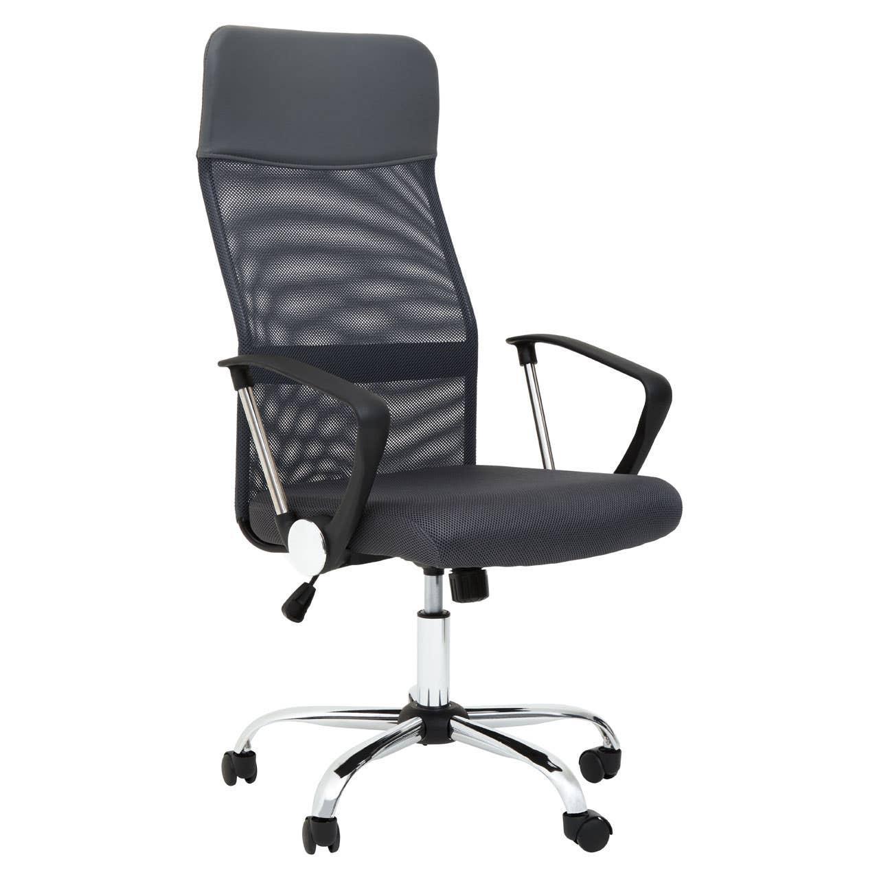Black mesh office chair with armrests and chrome swivel base