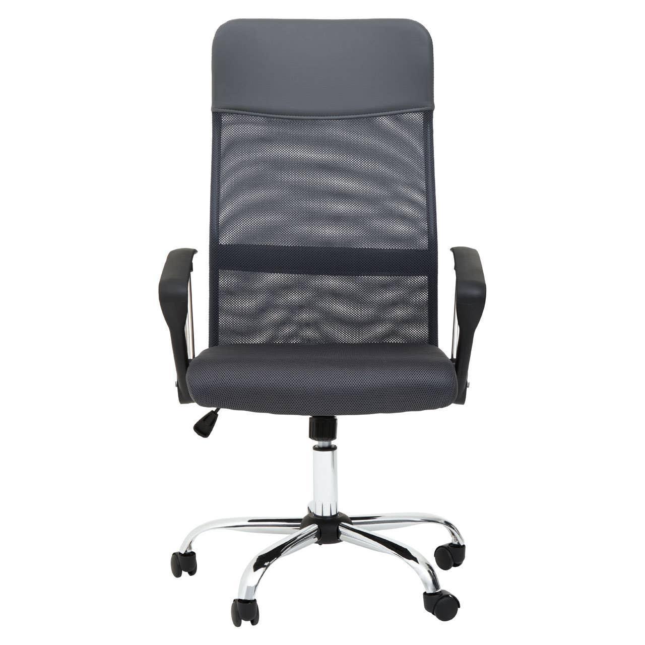 Black mesh office chair with adjustable arms and chrome base on casters, front view